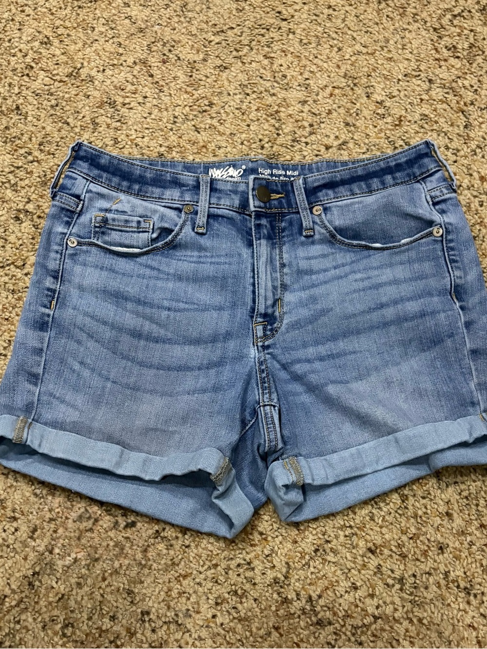 High-Rise Light Blue Denim Roll-Cuff Shorts